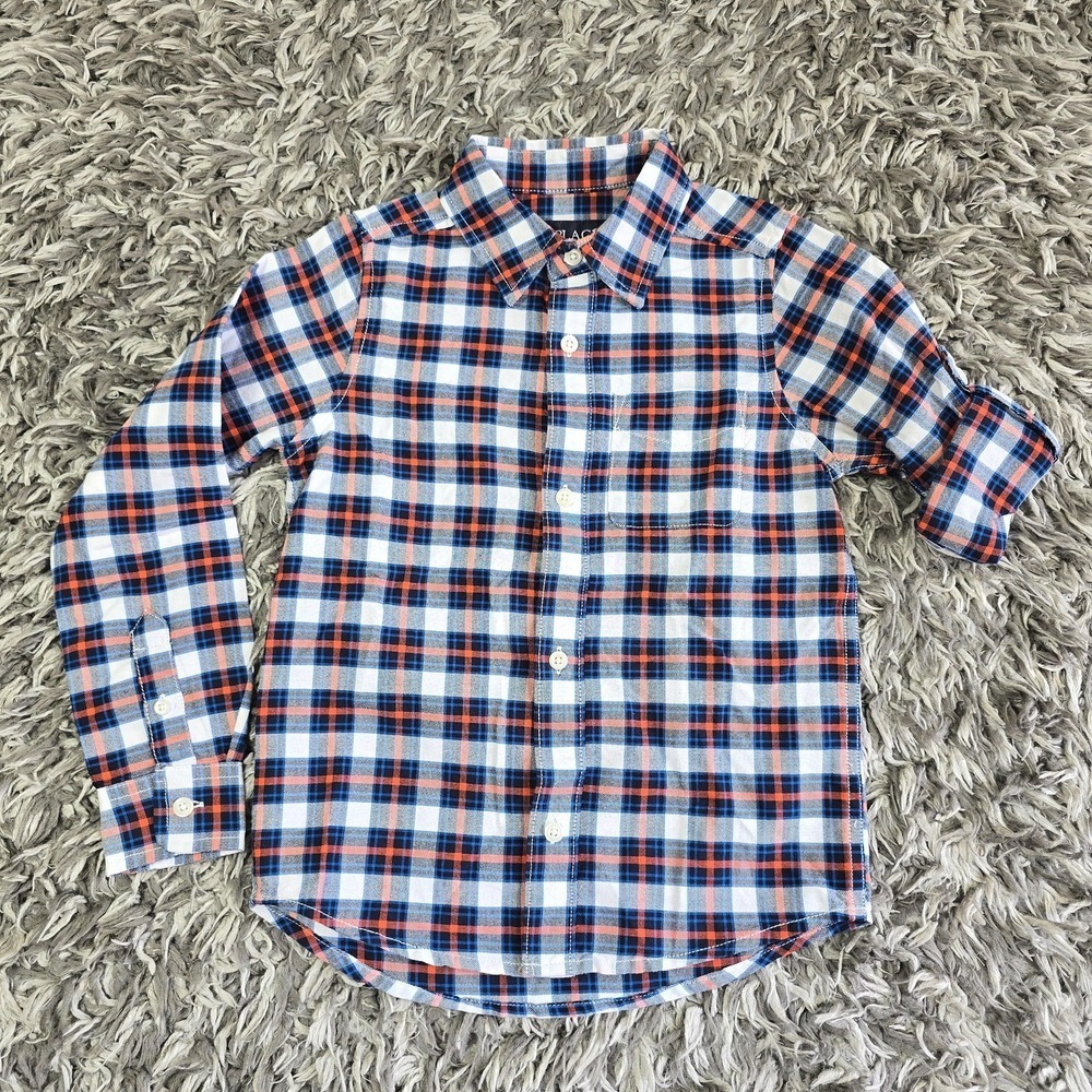 The Childrens Place Boys Blue Orange Plaid Button Down Shirt Size S 5/6 NWT